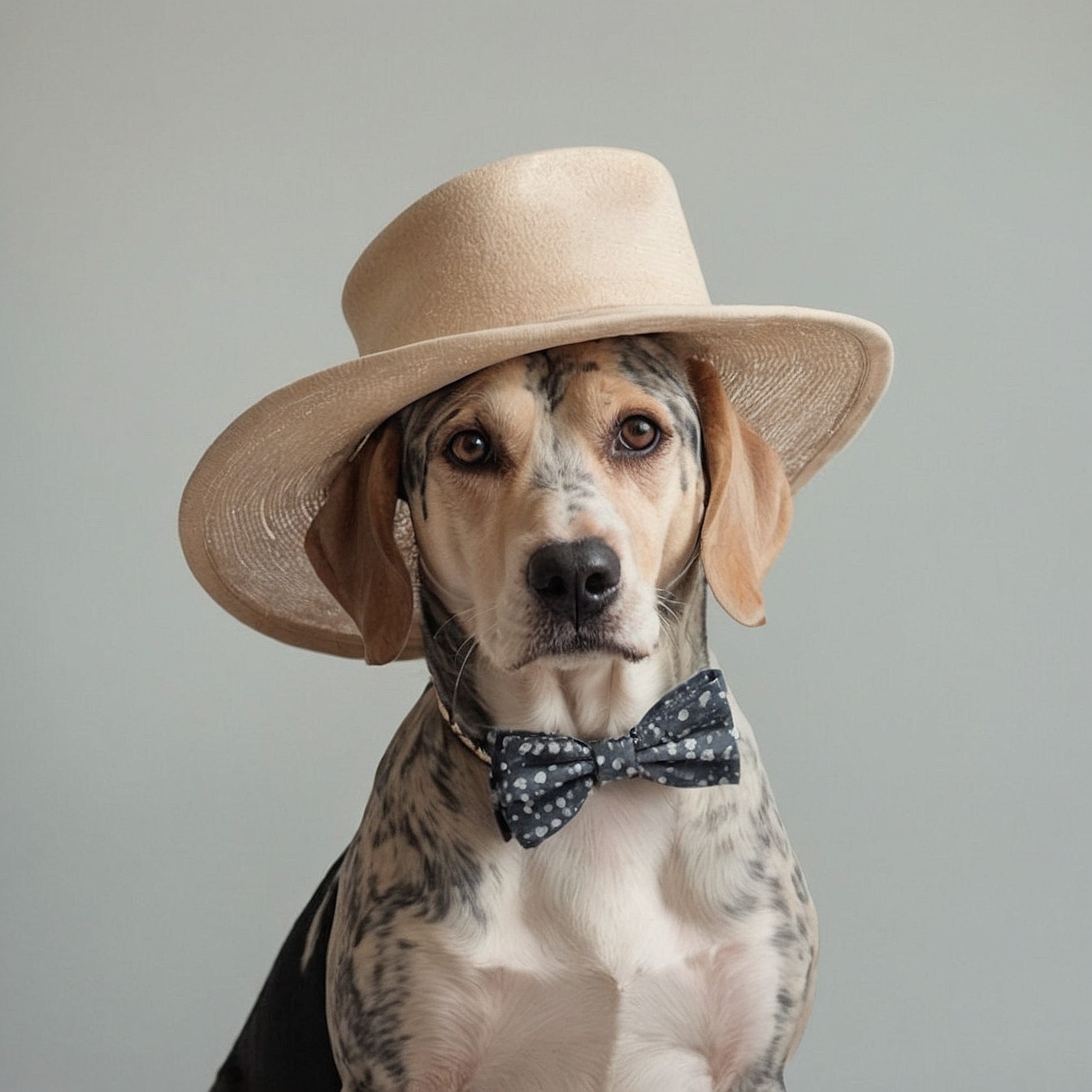 A dog in a sun hat and bow tie
